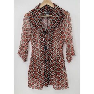 Damee Inc Abstract Mesh Collared Orange Sweater Coat Sm, Boho, 70's, Art To Wear